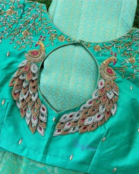 Blue Brocade Blouse, Peacock Blouse Designs, Silver Saree, Floral Half Sleeve, Green Blouse Designs, Work Blouse Designs, Blue Blouse Designs, Peacock Embroidery Designs, Latest Bridal Blouse Designs