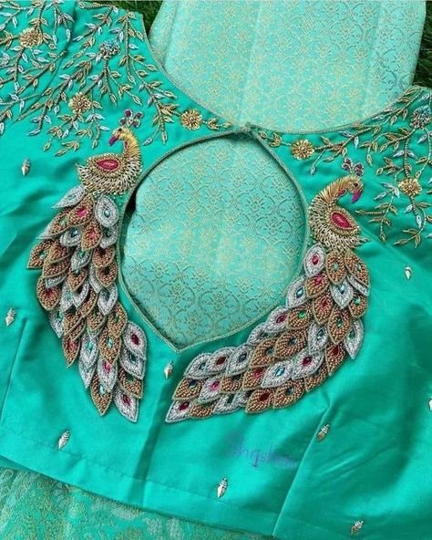 Blue Brocade Blouse, Peacock Blouse Designs, Silver Saree, Green Blouse Designs, Work Blouse Designs, Blue Blouse Designs, Peacock Embroidery Designs, Latest Bridal Blouse Designs, Patch Work Blouse Designs