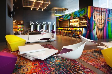 Cool Hotel Lobby Design, Colorful Lobby Interior Design, Colorful Hotel Lobby, Hotel Interior Lobby, Trendy Hotels, Hotel Lobby Design, Art Hotel, Lobby Interior, W Hotel