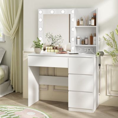 This vanity table add 2 standard plug sockets and 2 USB ports, more convenient for curling iron, beauty device, hair dryer and phone charging. Touch the switch, you can easy to change the colour mode, or adjust the brightness by press and hold the switch.Specially add a hair dryer rack for this white vanity desk, easy access and use, which can also be used to hold water bottle. Anti-tip Device behind the vanity mirror, you can fix it on the wall for children’s safety.Nice make up vanity for dres Bedroom Vanity Table, White Vanity Desk, Makeup Vanity Ideas Bedrooms, Make Up Vanity, Makeup Vanity Lighting, Beauty Room Vanity, Dryer Rack, Plug Sockets, Bedroom Makeup Vanity