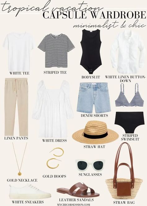 If you’re after a better way to pack without sacrificing style, then keep reading for a minimalistic and chic tropical vacation capsule wardrobe. #tropicalvacationoutfits #vacationstyle Minimalist Summer Vacation Outfit, Tropical Travel Capsule Wardrobe, Carribean Vacation Capsule Wardrobe, Neutral Wardrobe Outfits Summer, Hawaii Capsule Wardrobe One Suitcase, Minimalist Vacation Packing, Mexico Vacation Capsule Wardrobe, Capsule Wardrobe Tropical Climate, Caribbean Capsule Wardrobe