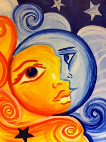 Painting Workshop: "Sun and Moon" Image Zen, Sun Painting, Seni Cat Air, Moon Painting, Celestial Art, Painting Workshop, Sun Art, Canvas Painting Diy, Lukisan Cat Air