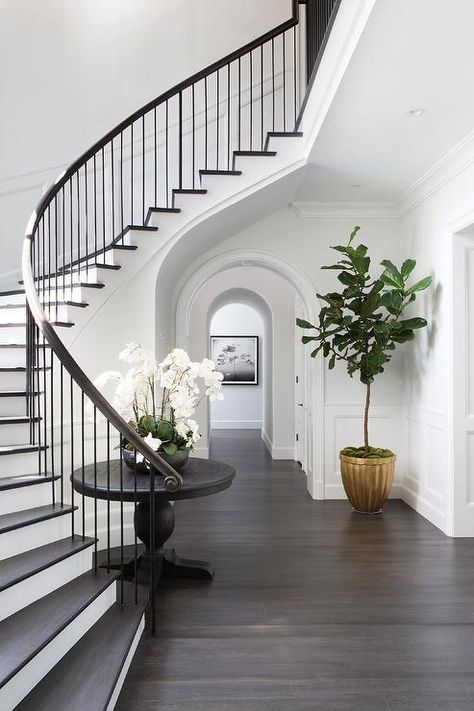 Chic, classic foyer features a curved staircase wall filled with a black round table and orchids. Foyer Decorating, Classic Foyer, تحت الدرج, درج السلم, Staircase Wall, Lan Can, Entrance Foyer, Dark Wood Floors, Foyer Design