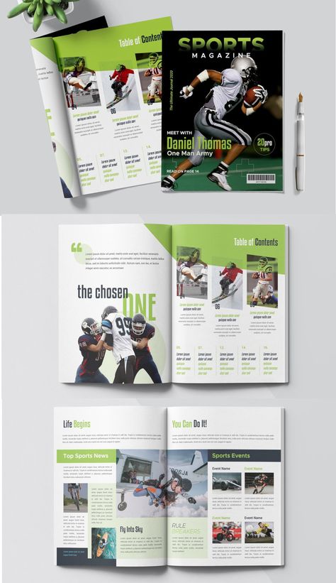 Sport Magazine Template. Compatible with: Adobe Photoshop. File Size: 26.33 MB. Dimensions: 8.5 x 11 in. DPI: 300. Layered Sports Magazine Design Layout, Magazine Sport Design, Sport Layout Design, Sports Magazine Layout Design, Sport Magazine Design, Sport Magazine Layout, Sports Magazine Layout, Sport Magazine Cover, Sports Magazine Design