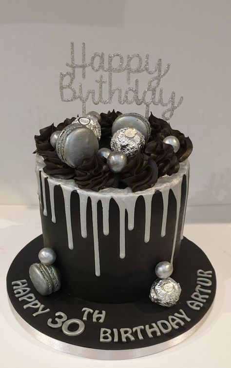 Black And Silver 21st Birthday Cake, Black And Grey Birthday Cake, Black And White 21st Cake, Black Silver Cake Birthday, Silver And Black Birthday Cake, Birthday Cake Black And Silver, Black And Silver Cake For Men, Cake Birthday Aesthetic Black, Silver And Black Cake