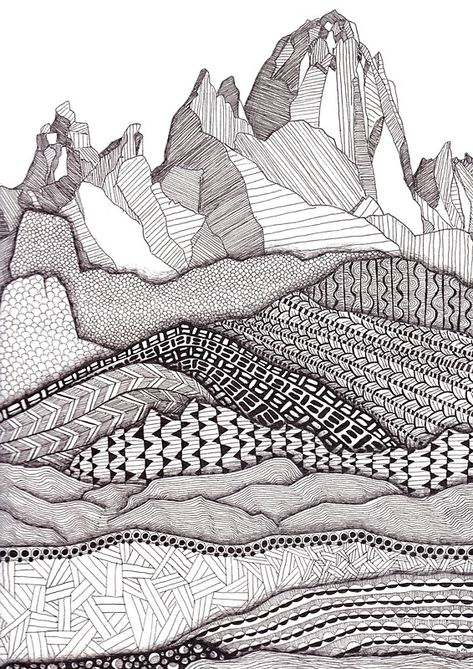 Patterns on Patagonia Mountains Drawing, Zantangle Art, Zentangle Kunst, Velvet Paper, Mountain Drawing, Mountain Art Print, 8x10 Art Prints, Landscape Paintings Acrylic, Landscape Photography Nature