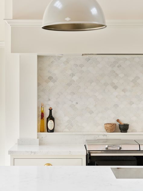 Tiled Splashback Kitchen, Scallop Tiles, Marble Floor Tiles, Mosaic Floor Tiles, Tile Splashback, Mosaic Floor, Kitchen Splashback, Kitchen Wall Tiles, Kitchen Upgrades