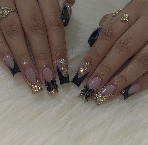 Black French Tip Glam Nails, Gold Nails Ideas For Prom, Birthday Nail Black, Nails Acrylic With Cross Charm, Black And Gold Short Acrylic Nails, Black Nails Gold Gems, Black And Gold Rhinestone Nails, Black Nails With Gold Rhinestones, Acrylic Nails Gold And White