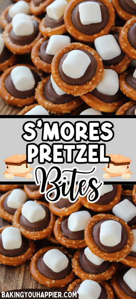 S’mores Pretzel Bites, a fun little 3-ingredient sweet and salty bite size s’mores treat that everyone will love! Pretzel S’mores Bites, Essen, Pretzel Tray Ideas, Pretzel Snacks For Party, S’mores Pretzel Bites, S’mores Pretzels, S’more Pretzel Bites, 2 Ingredient Dinner Recipes, Smore Pretzel Bites