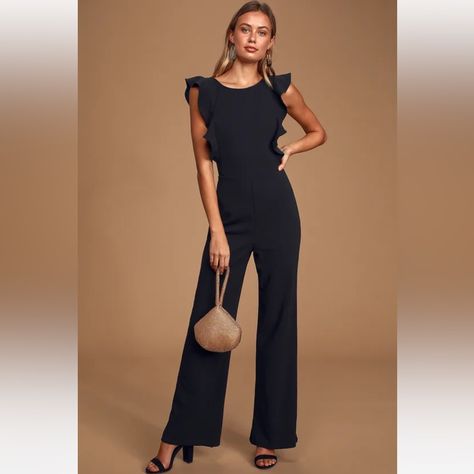 Black Jumpsuit Outfit, Lulu Pants, Rompers Dressy, Jumper Outfit, Outfits Dressy, Ruffle Jumpsuit, Jumpsuit Dressy, Jumpsuit Outfit, Strapless Jumpsuit