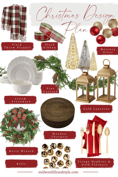 Get inspiration for your home and the holidays with my 2020 Christmas design plan, including red, gold, and tartan plaid. Natal, Christmas Decor Gold And Red, Red Tartan Plaid Christmas Decor, Tartan Plaid Christmas Table, Gold Red Christmas Decorations, Traditional Christmas Floral Arrangements, Christmas Decor Ideas Gold And Red, Red And Gold Christmas Decor Ideas, Christmas Traditional Decor