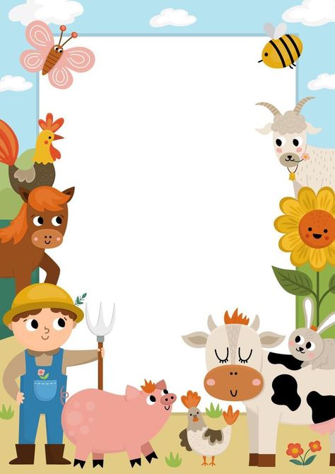 Farm party greeting card template with cute farmer, rural landscape and animals. Countryside poster or invitation for kids. Bright country holiday illustration with cow, pig, hen, horse Farm Animals Background, Farm Invitation Template, Farm Animals Illustration, Farmer Poster, Farmer Birthday Party, Farm Animals Birthday Party Invitations, Farm Animals Invitations, Farm Poster, Farm Party Invitations