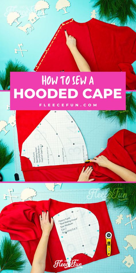 Hooded Shawl Pattern Sewing, Sewing A Hood Diy, How To Sew A Cape With A Hood, Diy Hood Pattern, Hooded Cape Sewing Pattern, Halloween Cape Costumes, Hooded Cape Pattern Sewing, Diy Fleece Projects, Cape Sewing Pattern Free Hooded Cloak