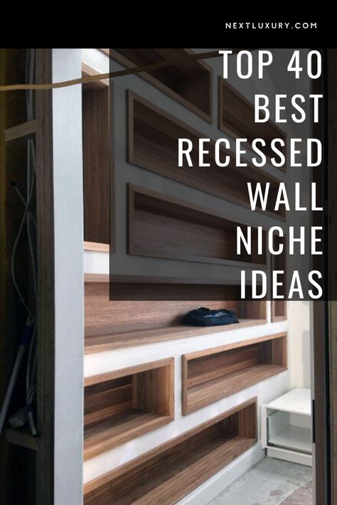 Recessed Shelving Ideas, Niche In Kitchen Wall, Recessed Area In Living Room, Wall Niche Diy Recessed Shelves, Living Room Wall Niche Ideas, Niche Storage Ideas, Recessed Shelving Kitchen, Recessed Kitchen Shelves, Shelving Design Ideas