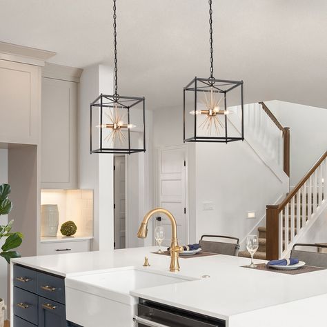 Black Gold Kitchen Lights, Pendant Lights Over White Kitchen Island, Weimar, Island With Sink And Dishwasher Modern, Black And Gold Lights, Black Glass Pendant Light, Black And Gold Island Pendants, Modern Pendant Lights For Kitchen Island, Black And Gold Light Fixture Kitchen