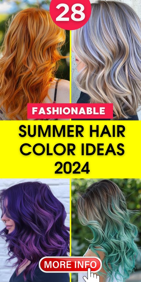 Discover the top 28 summer hair color ideas for 2024! From soft pastels to vibrant hues, these 28 trendy shades will have you looking your best. Whether you're seeking a subtle update or a bold new look, our summer hair color ideas for 2024 have something for everyone. Get inspired and transform your hair this season. Bright Summer Hair Color Fun, Haircut And Color 2024, Short Hair Color Trend 2024, 2024 Summer Haircuts, Hot Hair Color Ideas, Summer Hair Trends 2024, Fun Summer Hair Color, Hair Color Ideas For Summer, Summer Hair Color Ideas