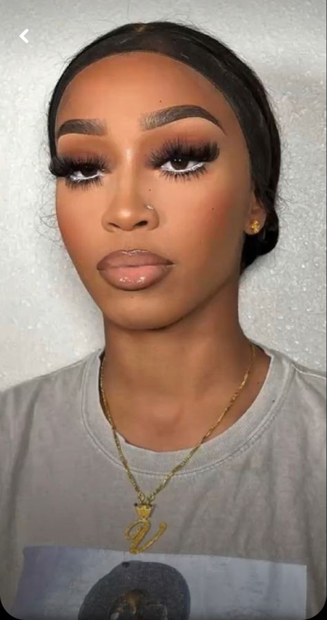 White Under Eye Makeup Black Women, Makeup With Gems Black Women, Black Makeup Looks For Homecoming, Soft Beat With Rhinestones, Make Up Natural Black Women, Soft Glam Rhinestone Makeup, Gem Makeup Looks Black Women, Glitter Waterline Makeup, Makeup Ideas White Dress
