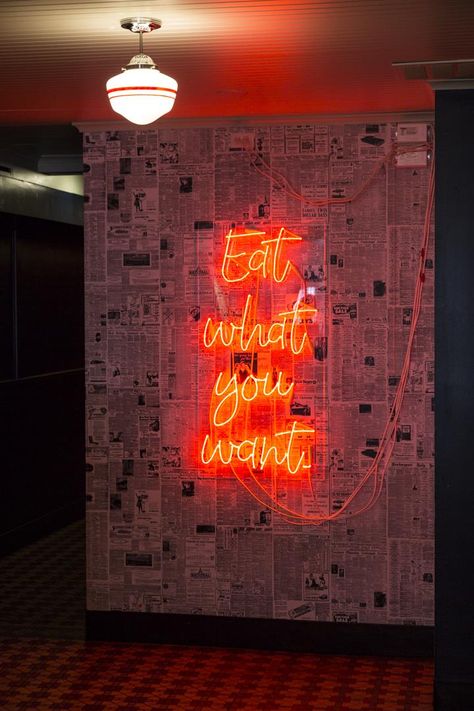 Pink neon wall sign. "Eat Whatever You Want" Superfine Has Something For Everyone - Northshore Magazine Wallpapers For Restaurant Walls, Restaurant Entrance Wall Design, Neon Lights Restaurant Interior Design, Restaurant Neon Lights, Neon Sign On Wallpaper, Black Walls Neon Lights, Brick Wall Neon Sign, Neon Signs Quotes Restaurant, Neon Sign In Restaurant