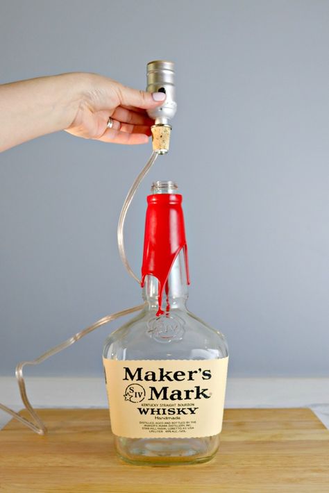 How to Make a Bourbon Bottle Lamp - Mom 4 Real Recycled Whiskey Bottles, Alcohol Lights Diy Bottle Lamps, Upcycling, Whiskey Bottle Repurpose, Diy Liquor Bottle Lamp, Diy Bottle Lamp How To Make, Reuse Bourbon Bottles, Repurpose Bourbon Bottles, How To Make A Lamp Out Of A Bottle