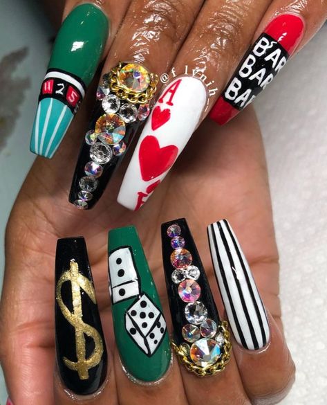 Vegas Nail Art Ideas, Vegas Theme Nails Ideas, Gambling Nail Art, Casino Nail Art, Casino Themed Nails, Vegas Theme Nails, Vegas Themed Nails, Vegas Nails Design, Casino Theme Nails