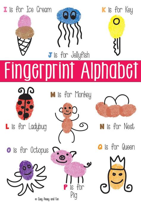 #Fingerprint Alphabet Art #fingerstempeln #malenmitkindern #kidscraft Fingerprint Alphabet, Thumbprint Art, Fingerprint Crafts, Fingerprint Art, Alfabet Letters, Alphabet Crafts, Handprint Crafts, Alphabet Preschool, Alphabet Art