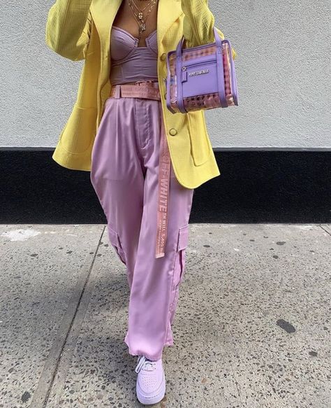 fan outfits account on Twitter: "streetwear… " Mode Pastel, Y2k Outfits Street Styles, Yellow Clothes, Pastel Outfit, Pastel Fashion, Purple Outfits, Yellow Outfit, Yellow Fashion, Colourful Outfits