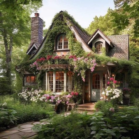 Charming Cottages Picturesque Style Villages Romantic Garden | Facebook Big Cottagecore House, Fairy Cottage Decor, Inside Cottage Homes, Woodland Cottage Exterior, Tutor Cottage, Cute Cottage Exterior, Fairy Core House, Cottage In The Woods Fairytale, Cottage Core Aesthetic House