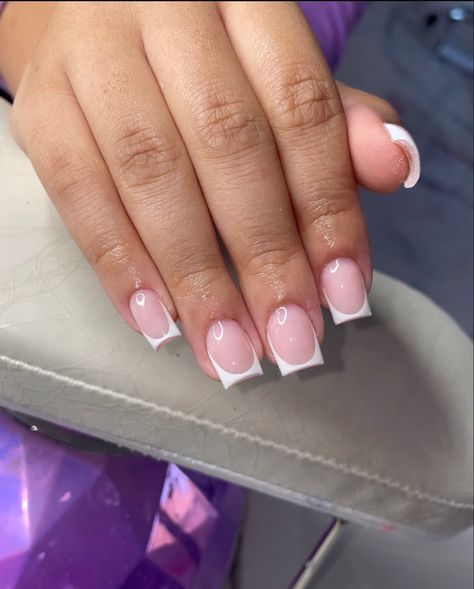 Nail Ideas 2023 Short Nails, Fresh Tip Nails Short, White Small French Tip Nails, Shorties French Tip Acrylic Nails, Square Short Nails French, Short Acrylic Nail Inspo Summer, Short Acrylic Nails Designs French Tips, Short French Tip Acrylic Nails With Heart, Short French Tips Square