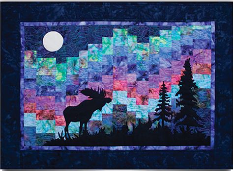 Northern Lights quilt pattern, 33.5 x 24.5,  by Marie Noah at Northern Threads.  Posted at Quilt Inspiration: The Great Outdoors Part 3 Patchwork, Tela, Northern Lights Quilt Pattern, Northern Lights Quilts, Moose Quilt, Bargello Quilt Patterns, Wildlife Quilts, Watercolor Quilt, Bargello Quilt