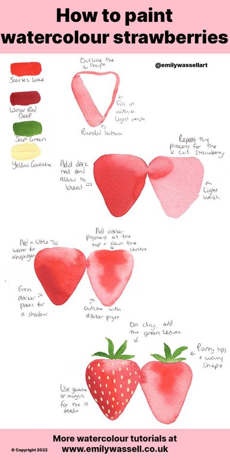 Water Colour Strawberry, Watercolour Painting Strawberries, Watercolour Fruits Painting, Strawberry Watercolour Painting, Fruit Drawing Watercolor, Painting Of Strawberries, How To Shade Watercolor, Strawberry Painting Tutorial, Watercolor Paintings Strawberry