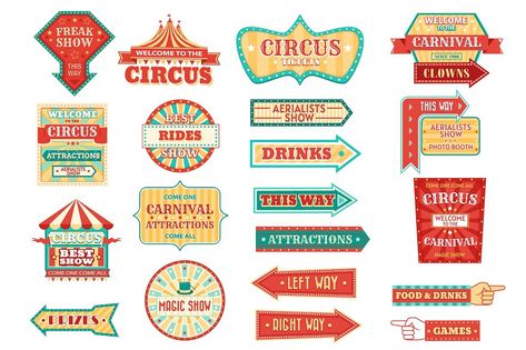 Big top circus show retro signs, glowing arrow pointers. Carnival and fair signage, circus freak show and aerialists performance, magical and clown show, food and drinks illuminating pointers vector Blank Ticket Template, Halloween Party Tickets, Circus Font, Carnival Show, Circus Signs, Carnival Signs, Event Ticket Template, Circus Tickets, Clown Show