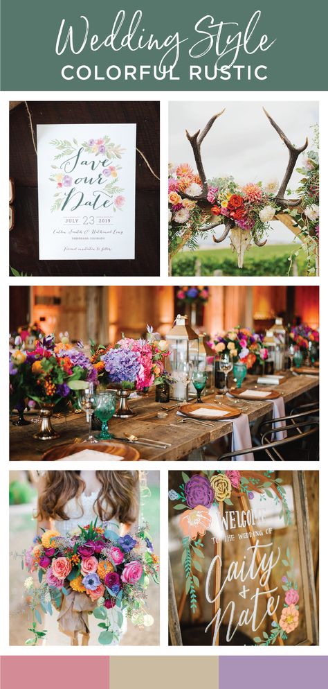 Bright, colorful watercolor flowers and a tasteful incorporation of antlers woven throughout organic greenery with monogram and rustic calligraphy font wedding invitation suite that is perfect for an elegant rustic/ country wedding or even a cheery bohemian vibe Country Wedding Colors Spring, Spring Bohemian Wedding, Colorful Wedding Theme Ideas, Summer Bohemian Wedding, Eclectic Rustic Wedding, Western Colorful Wedding, Colorful Rustic Wedding Decor, Colourful Rustic Wedding, Rustic Wildflower Wedding Decor