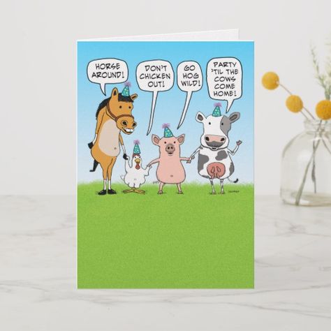 Funny Party Animals Advice for Birthday Card Funny Farm Animals, Farm Animals Party, For Birthday Card, Cow Cartoon, Farm Animal Party, Chicken And Cow, Animals Party, Cow Birthday, Funny Farm