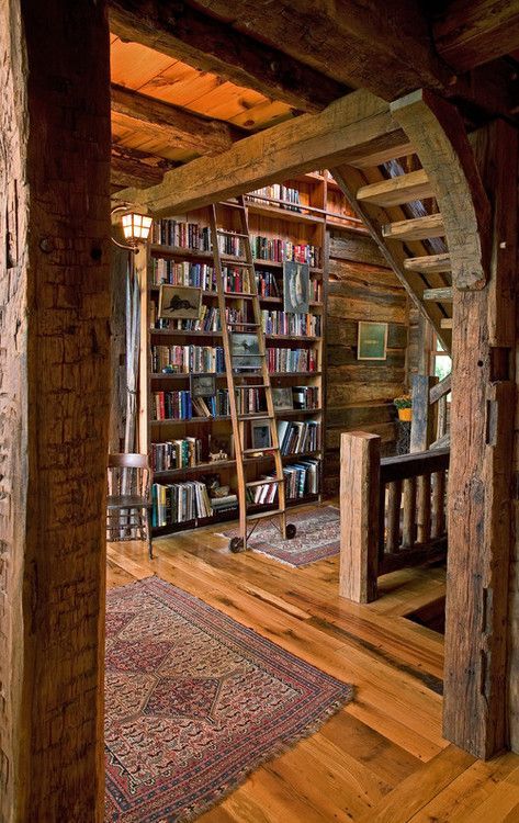 Log Cabin Homes, Home Libraries, Cabin Library, Reading Room Design, Wooden Home, Cabin Living, Cabins And Cottages, Cabin Life, Decor Minimalist