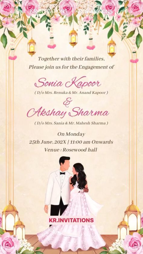 This Digital Engagement party Invitation template is perfect to invite your guest for your big day. Instant access, Easy to edit and download. Roka Invite template, Indian Invitations, whatsapp Invites. Engagement Invitation Design, Engagement Card Design, Engagement Invitation Card Design, Wedding Cards Images, Engagement Party Themes, Indian Invitations, Indian Wedding Invitation Card Design, Engagement Invitation Cards, Engagement Videos