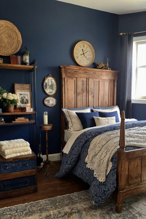 home interior design, decorating interiors, interior bedroom design, living room interior Pink Bedroom With Dark Wood Furniture, Blue Cottage Bedroom Ideas, Nordic Blue Bedroom, Antique Blue Bedroom, Brown And Blue Room Decor Bedroom, Guest Bedroom Ideas Paint Colors, Blue White Brown Bedroom, Vintage Blue Bedroom Ideas, Dark Blue Home Decor