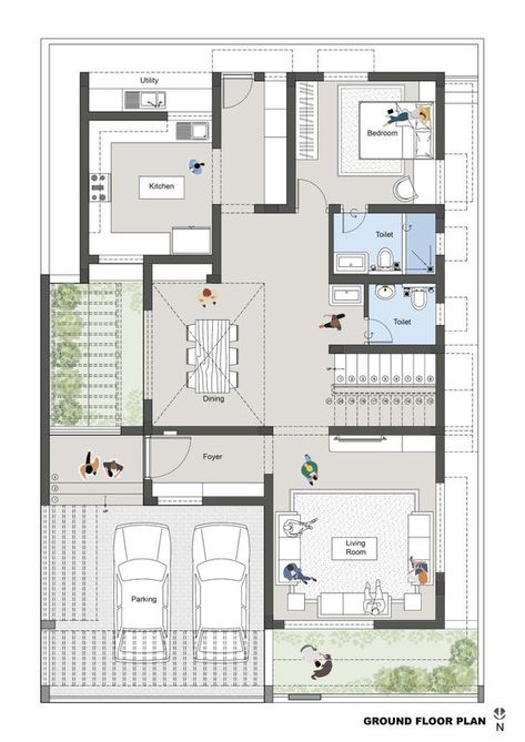 Ground floor plan of Falak Residence by Space Elevation Plan Architecture, 3 Floor House Plans, Layout Plan Architecture, Layout Design Architecture House Plans, North Facing Plan, Ground Floor Elevation Design, Villa Floor Plan, Residence Plan, Residence Elevation