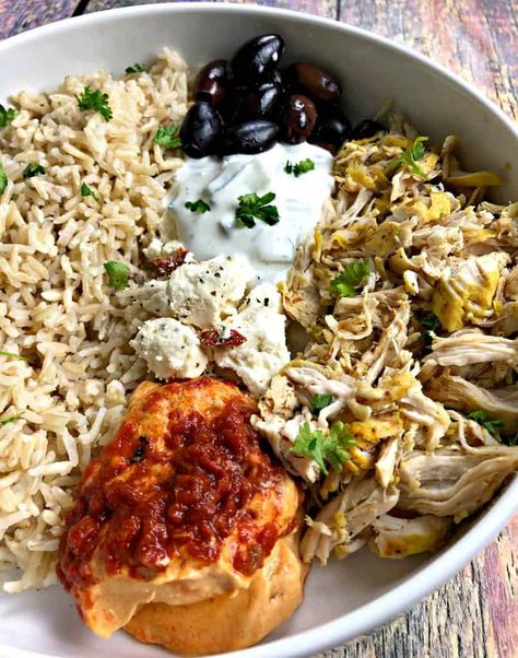 Greek Shredded Chicken, Chicken And Spanish Rice, Mediterranean Chicken Bowl, Brown Rice Bowl, Bbq Pulled Chicken Sandwiches, Greek Rice, Shredded Chicken Crockpot, Mediterranean Meals, Pepper Hummus