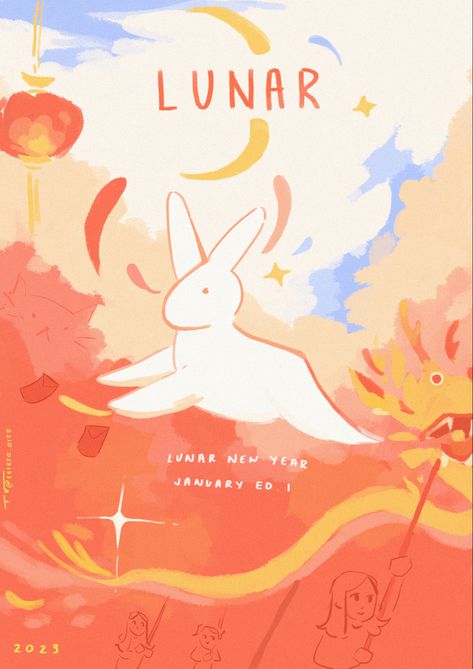 a digital illustration for a magazine cover for lunar new year of a bunny in the middle with lion dance performers at the bottom with a red and yellow tinted clouds drawn in the background Lunar New Year Illustration, Lunar New Year Art, Year Of The Rabbit 2023, Rabbit 2023, New Year Art, New Year Illustration, Year Of The Rabbit, The Bunny, Lunar New Year