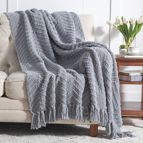 Amazon.com: Bedsure Grey Throw Blanket for Couch, Knit Woven Chenille Blanket for Chair, 50 x 60 Inch - Super Soft Warm Decorative Gray Blanket with Tassels for Bed, Sofa and Living Room: Kitchen & Dining Blanket With Tassels, Grey Throw Blanket, Textured Blankets, Chenille Blanket, Chenille Throw, Blanket For Couch, Grey Throw, Knit Throw Blanket, Couch Throws