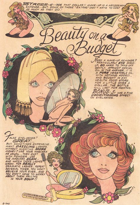 Beauty on a Budget - Young Love comic book, 1974 Tumblr, Vintage Self Care, 1960s Comics, Vintage Comics Aesthetic, Comic Book Hair, Vintage Librarian, Vintage Tips, Beauty On A Budget, Illustrated Ladies