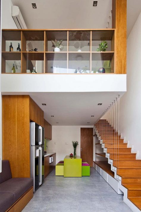 Tiny irregular shaped 4m wide and 8m deep plot home in Ho Chi Minh City designed by MM ++ Architects - CAANdesign | Architecture and home design blog Tiny House Design, Narrow House, Interior Stairs, Town House, Tiny House Interior, City Design, Staircase Design, Stairs Design, Family House