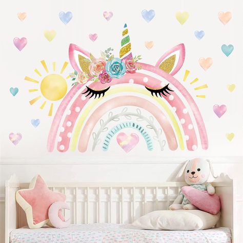 Rainbows And Unicorns Bedroom, Girls Rainbow Bedroom Ideas, Girls Bedroom Ideas Rainbow, Unicorn And Rainbow Bedroom, Rainbow Room Kids Girl Bedrooms, Kids Room Rainbow Wall, Girls Bedroom Rainbow, Unicorn Rainbow Room