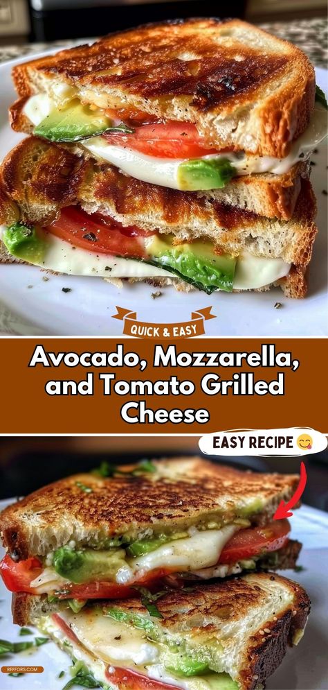 Upgrade your grilled cheese with creamy avocado, fresh mozzarella, and ripe tomatoes. This Avocado, Mozzarella, and Tomato Grilled Cheese is a delicious, gourmet twist on a classic favorite. #GrilledCheese #GourmetSandwich #EasyLunch Tomato And Avocado Sandwich, Avocado Tomato Mozzarella Grilled Cheese, Former Grilled Cheese, Essen, Baguette, Avocado Tomato Grilled Cheese, Avacodo Mozzarella Tomato Grilled Cheese, Grilled Cheese Mozzarella, Gourmet Lunch Sandwiches