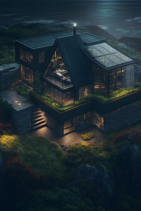 #modern_house #design #cliffs #glass #nature #intergration #gardern #villa #night #gloomy #rain $stars #night #calming #sea_breeze #illumination Fantasy House, Futuristic House, Casas The Sims 4, Architecture Model House, Fantasy Homes, Design Exterior, Home Building Design, Luxury Homes Dream Houses, Dream House Interior