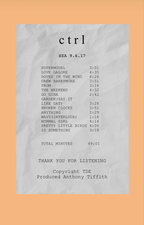 Sza Ctrl Receipt, Ctrl Receipt, Wall Prints Aesthetic Sza, Sza Album Receipt, Music Reciepts, Album Receipts Aesthetic, Computer Homescreen, Music Receipts, Music Receipt