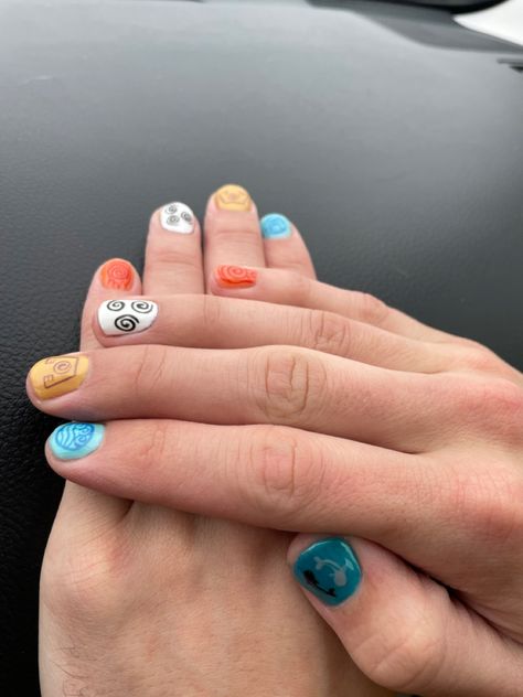 Mens nails #avatar #avatarnails #mensmanicure #beauty Avatar Inspired Nails, Atla Nails, Avatar Nails Art, Avatar The Last Airbender Nails, Guys Nails, Pizza Nails, Avatar Nails, Guy Nails, Nerdy Nails