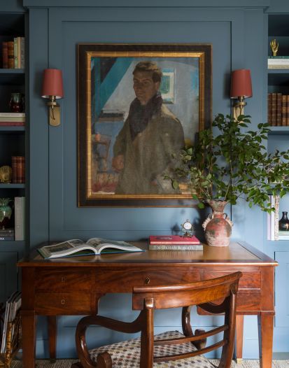 Living Portfolio | Urban Electric Co. Bay Window Desk, Rachel House, Warm Wood Tones, Orange Shades, Urban Electric, Custom Shades, Wood Tones, Moody Blues, Eclectic Home