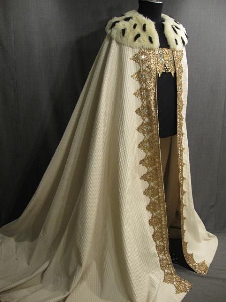 09010571 Cape Mens Renaissance cream silk bl gold trim jewel deco ermine collar 16th Century Gown, Brown Cloak, Royal Cloak, Royal Cape, Medieval Cloak, King Costume, Coats Vintage, Cloak Coat, King Outfit