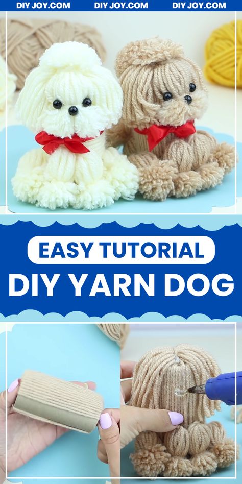 Yarn Puppy Diy, Dogs Made Out Of Yarn, Pompom Dog Diy, Easy To Make Stuffed Animals, How To Make Yarn Dolls Simple, Pom Pom Dog Diy, Diy Yarn Projects, Yarn Dogs Craft, Easy Yarn Ornaments